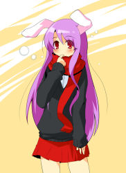 Rule 34 | 1girl, animal ears, blush, female focus, finger in own mouth, long hair, long sleeves, looking at viewer, miniskirt, mukunoki nanatsu, pleated skirt, rabbit ears, red scarf, red skirt, reisen udongein inaba, scarf, skirt, sleeves past wrists, solo, standing, tareme, touhou