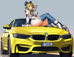 Rule 34 | 1girl, absurdres, bare stomach, blonde hair, blue eyes, bmw, bmw m4, bodysuit, bow, bowtie, braid, desert, german flag, gloves, high heels, highres, kansu kansu, license plate, lips, looking at viewer, motor vehicle, personification, race queen, road, sand, sitting on car, thighhighs, thighs, vehicle focus