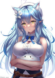 Rule 34 | 1girl, ahoge, animal ear fluff, animal ears, belt, beret, blue bow, blue bowtie, blue hair, blue nails, blush, bow, bowtie, braid, breasts, brown belt, cat ears, cleavage, cleavage cutout, clothing cutout, commentary, crossed arms, flower, french braid, hair between eyes, hair flower, hair ornament, hat, heart, heart ahoge, highres, holding, hololive, kemonomimi mode, large breasts, light blue hair, long hair, looking at viewer, multicolored hair, nail polish, parted lips, plaid, plaid bow, plaid bowtie, pointy ears, shirt, shoumoku, simple background, sleeveless, sleeveless shirt, solo, standing, streaked hair, turtleneck, twitter username, two-tone hair, upper body, virtual youtuber, white background, white hat, white shirt, yellow eyes, yukihana lamy, yukihana lamy (1st costume), yukimin (yukihana lamy)