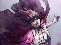 Rule 34 | 1boy, aoki (fumomo), blouse, collarbone, collared shirt, commentary request, danganronpa (series), danganronpa v3: killing harmony, dress shirt, facial hair, goatee, jacket, jacket on shoulders, long sleeves, looking up, male focus, momota kaito, open mouth, pink jacket, print shirt, shirt, solo, spiked hair, upper body, white shirt