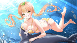 Rule 34 | 1girl, absurdres, animal, bare legs, bare shoulders, barefoot, bikini, blonde hair, blush, breasts, cleavage, clenched teeth, collarbone, commentary, commission, dolphin, feet, fish, frilled bikini, frills, full body, grin, hair ornament, halterneck, highres, large breasts, leaf hair ornament, lillly, long hair, looking at viewer, original, smile, soles, solo, swimsuit, teeth, twintails, underwater, yellow bikini, yellow eyes