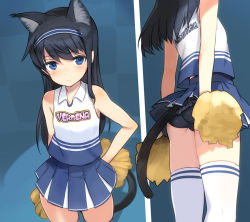 Rule 34 | 1girl, alice gear aegis, animal ears, ass, back, black hair, blue eyes, blue panties, breasts, cat ears, cat tail, cheerleader, collar, collarbone, commentary request, cowboy shot, female focus, hairband, hand on own hip, kemonomimi mode, koashi mutsumi, long hair, looking at viewer, miniskirt, navel, panties, pom pom (cheerleading), shimada fumikane, skindentation, skirt, sleeveless, small breasts, smile, solo, tail, thighhighs, underwear