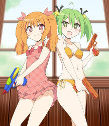 Rule 34 | 10s, 2girls, :3, :d, absurdres, ahoge, alternate hairstyle, amatsuka mao, bell, bikini, blush, breasts, brown hair, casual one-piece swimsuit, cleavage, covered navel, dual wielding, frilled swimsuit, frills, gj-bu, green eyes, green hair, hair bell, hair flaps, hair ornament, hair ribbon, highres, holding, jingle bell, kannazuki tamaki, long hair, mousou (mousou temporary), multiple girls, navel, one-piece swimsuit, open mouth, orange bikini, orange hair, pink eyes, plaid, ribbon, small breasts, smile, swimsuit, trigger discipline, twintails, water gun, weapon, window