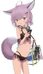 Rule 34 | 1girl, :o, ahoge, animal ear fluff, animal ears, arknights, bag, bikini, black bikini, blue eyes, cellphone, collarbone, commentary request, eyebrows hidden by hair, fox ears, fox girl, fox tail, hair between eyes, hair ornament, hairclip, headphones, headphones around neck, highres, holding, holding phone, izumo (ton 63), light blush, looking at viewer, material growth, navel, official alternate costume, oripathy lesion (arknights), parted lips, phone, purple hair, see-through, simple background, solo, sussurro (arknights), sussurro (summer flower) (arknights), swimsuit, tail, transparent, white background, x hair ornament
