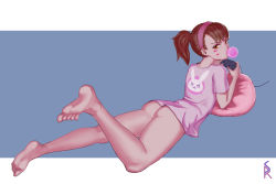 Rule 34 | 1girl, alternate hairstyle, animal print, artist name, ass, bare legs, barefoot, bottomless, brown eyes, brown hair, blowing bubbles, chewing gum, controller, d.va (overwatch), eyelashes, facepaint, facial mark, feet, from behind, full body, game controller, hair ornament, hair tie, hairband, headphones, highres, holding, looking at viewer, looking back, lying, makeup, mascara, naked shirt, no panties, on stomach, overwatch, overwatch 1, pink hairband, playing games, purple shirt, rabbit print, shinra (baby80526), shirt, short hair, short sleeves, soles, solo, toes, twisted neck, whisker markings