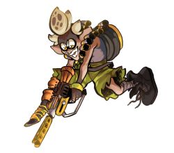 Rule 34 | 1boy, bandages, bandolier, bare pectorals, blonde hair, commentary, cosplay, costume, dirty, dirty face, funkgamut, gloves, green pants, gun, holding, holding weapon, inkling player character, junkrat (overwatch), junkrat (overwatch) (cosplay), looking down, male focus, mechanical arms, nintendo, overwatch, overwatch 1, pants, pectorals, peg leg, pointy ears, short hair, simple background, single mechanical arm, smile, splatoon (series), splatoon 1, teeth, tentacle hair, torn clothes, weapon, white background, yellow eyes