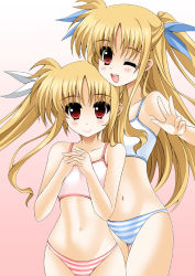 Rule 34 | 2girls, alicia testarossa, blonde hair, camisole, fate testarossa, highres, long hair, lyrical nanoha, multiple girls, oda ken&#039;ichi, panties, red eyes, siblings, sisters, striped clothes, striped panties, two side up, underwear, underwear only