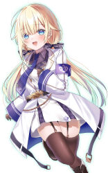 Rule 34 | 1girl, :d, absurdres, aizawa ema, armband, beads, belt, black belt, black bow, black footwear, black garter straps, black thighhighs, blonde hair, blue armband, blue eyes, blue necktie, blush, boots, bow, buckle, buttons, collared shirt, double-breasted, dress, garter straps, gloves, gradient hair, green hair, grey shirt, hair between eyes, hair bow, highres, knee boots, lapels, layered dress, leg up, long hair, long sleeves, looking at viewer, low twintails, multicolored hair, necktie, open mouth, plaid, plaid skirt, pome charo, shirt, simple background, skirt, sleeves past wrists, smile, solo, standing, standing on one leg, teeth, thighhighs, tie clip, twintails, upper teeth only, virtual youtuber, vspo!, white background, white dress, wide sleeves, zettai ryouiki