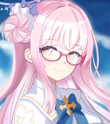 Rule 34 | 1girl, absurdres, bespectacled, blue archive, blue sky, blunt bangs, bow, capelet, cloud, cloudy sky, commentary request, flower, glasses, hair bun, hair flower, hair ornament, hair scrunchie, halo, highres, long hair, looking at viewer, mika (blue archive), one side up, pink hair, school uniform, scrunchie, semi-rimless eyewear, sidelocks, single side bun, sky, smile, solo, tamaki (tamaki-sh), white capelet, yellow eyes