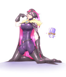 Rule 34 | 10s, 1girl, black gloves, black thighhighs, bodysuit, boots, breasts, brooch, cape, cure muse, cure muse (black), dodory, echoes7, full body, gloves, heart, jewelry, kneeling, large breasts, magical girl, mask, nipples, one eye closed, pointing, precure, purple bodysuit, purple eyes, shiny clothes, shirabe ako, suite precure, thigh boots, thighhighs, white background, wink
