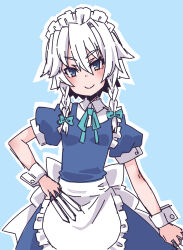 Rule 34 | 1girl, apron, between fingers, blue background, blue dress, blue eyes, bow, closed mouth, collared shirt, dress, frilled apron, frills, green bow, hair bow, highres, holding, holding knife, izayoi sakuya, knife, knives between fingers, kuro-ekaki, looking at viewer, maid, maid apron, maid headdress, medium hair, outline, shirt, short sleeves, smile, solo, touhou, waist apron, white apron, white hair, white outline, wrist cuffs