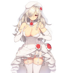 Rule 34 | 1girl, absurdres, areola slip, beret, blush, braid, breast lift, breasts, bridal veil, cleavage, closed mouth, detached collar, dress, elbow gloves, flower, g36c (girls&#039; frontline), g36c (you who steps up) (girls&#039; frontline), garter straps, girls&#039; frontline, gloves, hair over one eye, hat, highres, large breasts, long hair, looking at viewer, official alternate costume, pepper0, red eyes, red flower, red rose, rose, side braid, sidelocks, silver hair, simple background, smile, solo, strapless, strapless dress, thighhighs, veil, very long hair, wedding dress, white background, white dress, white hat, white thighhighs