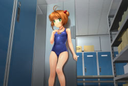 Rule 34 | 1990s (style), 1girl, absurdres, antenna hair, breasts, brown hair, cardcaptor sakura, covered navel, green eyes, hair bobbles, hair ornament, hand on own chest, highres, kinomoto sakura, locker, locker room, looking at viewer, mutsuki (moonknives), old school swimsuit, one-piece swimsuit, petite, retro artstyle, school swimsuit, shiny clothes, short hair, short twintails, small breasts, smile, solo, swimsuit, twintails