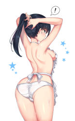 Rule 34 | !, 10s, 1girl, apron, ass, back, black hair, blue eyes, blush, bra, breasts, butt crack, cenangam, from behind, gridman universe, hair tie, holding, long hair, looking at viewer, looking back, medium breasts, nearly naked apron, nike (company), panties, ponytail, scrunchie, shoulder blades, sideboob, simple background, solo, spoken exclamation mark, ssss.gridman, star (symbol), stomach, sweat, takarada rikka, thighs, tying hair, underwear, white background, white panties, wiping sweat, wristband