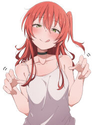 Rule 34 | 1girl, black choker, blush, bocchi the rock!, camisole, choker, closed mouth, collarbone, eitopondo, green eyes, hair between eyes, kita ikuyo, long hair, motion lines, one side up, red hair, simple background, smile, solo, tongue, tongue out, upper body, white background, white camisole
