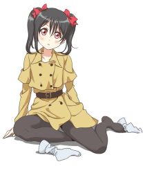 Rule 34 | 10s, 1girl, :o, belt, black hair, black pantyhose, blush, bow, buttons, coat, double-breasted, hair bow, long hair, love live!, love live! school idol festival, love live! school idol project, no shoes, pantyhose, red bow, red eyes, simple background, sitting, unworn socks, solo, tetopetesone, trench coat, twintails, white background, yazawa nico
