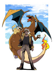 Rule 34 | 1boy, absurdres, belt, belt buckle, boots, border, brown footwear, brown jacket, buckle, captain pikachu, charizard, clothed pokemon, cloud, commentary request, creatures (company), flame-tipped tail, friede (pokemon), fur-trimmed jacket, fur trim, game freak, gen 1 pokemon, goggles, goggles on head, grin, hand on own hip, highres, jacket, jamira24, long sleeves, male focus, nintendo, open clothes, open jacket, pants, pikachu, pokemon, pokemon (anime), pokemon (creature), pokemon horizons, shirt, sky, smile, standing, teeth, white border, white hair