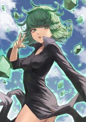 Rule 34 | 1girl, ass, black dress, blush, breasts, collarbone, commentary request, cowboy shot, curly hair, day, dress, fagi (kakikaki), flipped hair, from side, green eyes, green hair, hand up, long sleeves, looking at viewer, medium hair, one-punch man, open mouth, outdoors, revision, rock, side slit, small breasts, solo, tatsumaki, teeth, upper teeth only