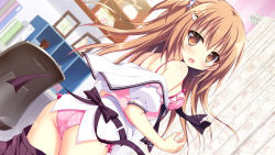 Rule 34 | 1girl, ass, black bow, black bowtie, black skirt, blush, book, bow, bowtie, bra, breasts, brown eyes, brown hair, chair, clothes pull, curtains, desk, from behind, game cg, hair ornament, hair ribbon, hairclip, heart, heart print, long hair, looking at viewer, looking back, medium breasts, natsuiro kokoro log, ominae rin, open mouth, panties, pink bra, pink panties, pink vest, ponytail, print bra, print panties, puffy sleeves, ribbon, school uniform, shelf, shiromochi sakura, shirt, short hair, side ponytail, skirt, skirt pull, source request, sparkle, surprised, underwear, undone bowtie, undressing, vest, waist bow, white ribbon, white shirt
