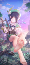 Rule 34 | 1boy, barefoot, black hair, blue eyes, braid, cape, cloud, cloudy sky, collared cape, crossed legs, feet, flower, foot focus, foreshortening, frilled sleeves, frills, genshin impact, gradient hair, grass, green cape, green headwear, green shorts, highres, icecake, long sleeves, looking at viewer, lyre, multicolored hair, shoes, unworn shoes, short hair with long locks, shorts, sitting, sky, soles, solo, toes, venti (genshin impact)