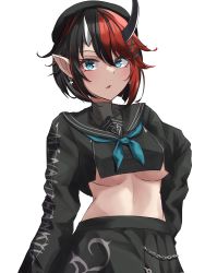 Rule 34 | 1girl, absurdres, akagane mic, beret, black hair, black hat, black serafuku, blue eyes, blue neckerchief, blush, breasts, commentary request, cowboy shot, crop top, demon girl, demon horns, ear piercing, hair ornament, hat, highres, horns, large breasts, looking at viewer, midriff, multicolored hair, nanashi inc., neckerchief, official alternate costume, open mouth, piercing, pointy ears, red hair, ryugasaki rene, ryugasaki rene (3rd costume), school uniform, serafuku, short hair, simple background, solo, sugar lyric, two-tone hair, underboob, virtual youtuber, white background, x hair ornament