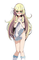 Rule 34 | 1girl, bare arms, bare shoulders, blunt bangs, blush, braid, collarbone, covering body, covering privates, creatures (company), crying, crying with eyes open, dress, game freak, green eyes, groin, kneehighs, lillie (pokemon), long hair, looking at viewer, nintendo, no panties, no pants, nude cover, pokemon, pokemon sm, see-through, sidelocks, simple background, socks, solo, sweat, tears, torn clothes, torn dress, tsukishiro saika, twin braids, white background, white dress, white socks