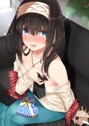 Rule 34 | 1girl, absurdres, bare shoulders, black hair, blue eyes, blue skirt, blush, box, breasts, collarbone, gift, gift box, go-1, hair between eyes, hairband, heart-shaped box, highres, idolmaster, idolmaster cinderella girls, jewelry, long hair, looking at viewer, medium breasts, necklace, off-shoulder, off-shoulder sweater, off shoulder, open mouth, ribbed sweater, sagisawa fumika, shawl, sitting, skirt, solo focus, sparkle, sweater, white sweater