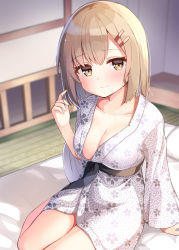Rule 34 | 1girl, blurry, blurry background, blush, breasts, brown eyes, cleavage, closed mouth, collarbone, commentary request, depth of field, floral print, futon, hair between eyes, hair ornament, hairclip, hand up, highres, indoors, japanese clothes, kimono, light brown hair, long sleeves, looking at viewer, medium breasts, ominaeshi (takenoko), on bed, original, pillow, print kimono, sitting, smile, solo, white kimono, wide sleeves, yokozuwari
