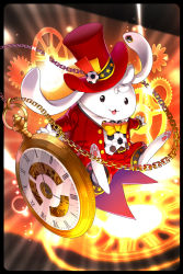 Rule 34 | ball, belt, chain, formal, gears, gl ztoh, hat, hat ornament, littre, looking at viewer, no humans, official art, open mouth, outstretched arms, pocket watch, red hat, red suit, soccer ball, soccer spirits, suit, top hat, watch