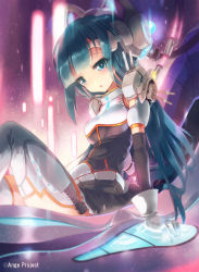Rule 34 | 10s, 1girl, android, ange vierge, cable, control panel overlay, detached sleeves, dress, gloves, green eyes, green hair, headgear, highres, kankurou, knife, light, long hair, matching hair/eyes, original, science fiction, sheath, sheathed, sitting, solo, thighhighs