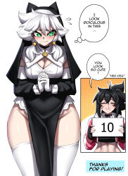 Rule 34 | 2girls, abs, absurdres, black gloves, black hair, breasts, cleavage, fingerless gloves, flying sweatdrops, gloves, highres, large breasts, multiple girls, navel, original, rageman709, short hair, speech bubble, thick thighs, thighs, thought bubble, white gloves, white hair