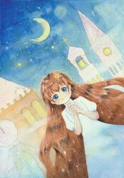 Rule 34 | 1girl, absurdres, artist name, blue eyes, blush, brown hair, church, church bell, crescent moon, dress, highres, lico (lico sumire), long hair, looking at viewer, moon, night, original, own hands together, painting (medium), puffy short sleeves, puffy sleeves, short sleeves, signature, sky, smile, sparkle, star (sky), tower, traditional media, very long hair, watercolor (medium), white dress