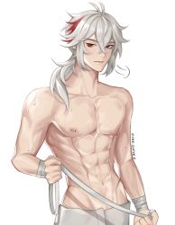 Rule 34 | 1boy, abs, bandages, closed mouth, collarbone, commentary, ear piercing, english commentary, genshin impact, groin, hair between eyes, highres, kaedehara kazuha, lip piercing, looking at viewer, male focus, multicolored hair, muscular, muscular male, navel, nipple piercing, nipples, piercing, red eyes, red hair, shesofyee, side ponytail, simple background, solo, standing, streaked hair, sweat, topless male, towel, twitter username, white background, white hair