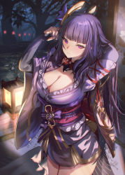 1girl absurdres adjusting_hair arms_behind_head arms_up blunt_bangs breasts bridal_gauntlets cleavage closed_mouth cowboy_shot genshin_impact hair_ornament highres japanese_clothes kimono lantern large_breasts looking_at_viewer mole mole_under_eye nail_polish night obi purple_eyes purple_hair purple_kimono purple_nails raiden_shogun sash shuru_y tree vision_(genshin_impact) wide_sleeves