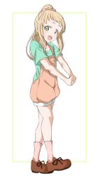 Rule 34 | 1girl, blonde hair, collarbone, crust gm0, dot nose, female focus, full body, green eyes, inose mai, koisuru asteroid, looking at viewer, open mouth, pink socks, ponytail, shoes, short sleeves, simple background, socks, solo, standing