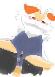 Rule 34 | 1girl, absurdres, animal ears, arrow (projectile), artist request, blush, braixen, clitoris, creatures (company), fox ears, from below, furry, furry female, game freak, gen 6 pokemon, half-closed eyes, highres, legs apart, looking down, nintendo, one-piece swimsuit, pokemon, pokemon (creature), pokemon xy, pussy, pussy peek, red eyes, school swimsuit, simple background, smile, solo, standing, sweat, swimsuit, text focus, translation request, uncensored, unzipping, white background, zipper