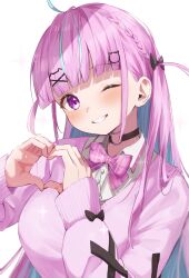 Rule 34 | 1girl, ;), ahoge, black bow, black choker, blue hair, blunt bangs, blush, bow, bowtie, braid, breasts, cat hair ornament, choker, collared shirt, colored inner hair, dress shirt, french braid, grin, hair bow, hair ornament, head tilt, heart, heart hands, highres, hitsujisnow, hololive, jewelry, large breasts, long hair, long sleeves, looking at viewer, minato aqua, minato aqua (school uniform), multicolored hair, necklace, official alternate costume, one eye closed, pink bow, pink bowtie, pink hair, pink sweater, plaid, plaid bow, plaid bowtie, purple eyes, school uniform, shirt, simple background, smile, solo, streaked hair, sweater, two-tone hair, upper body, very long hair, virtual youtuber, white background, white shirt, x hair ornament