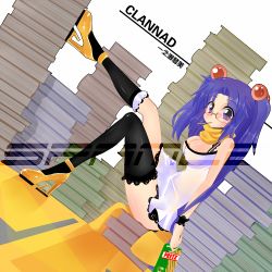 Rule 34 | 00s, 1girl, bad id, bad pixiv id, blue hair, book, box, breasts, clannad, ditienan ddn, dutch angle, food, food in mouth, hair bobbles, hair ornament, high heels, ichinose kotomi, legs, long hair, lowres, mouth hold, pretz in mouth, pretzel, purple eyes, scarf, shoes, solo, thighhighs, twintails, two side up