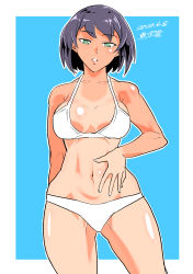 Rule 34 | 1girl, abs, absurdres, arm behind back, artist name, bikini, blue background, bob cut, breasts, bright pupils, brown hair, commentary, cowboy shot, dark-skinned female, dark skin, dated, girls und panzer, green eyes, half-closed eyes, hand on own stomach, highres, hoshino (girls und panzer), lips, looking at viewer, medium breasts, navel, one-hour drawing challenge, outline, outside border, parted lips, shinkuukan (tetsuo3), short hair, signature, solo, standing, swimsuit, tan, tanline, white bikini, white outline, white pupils