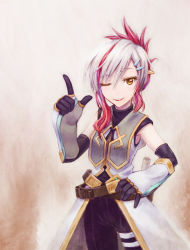 Rule 34 | 1girl, belt, belt buckle, brown eyes, buckle, closed mouth, elbow gloves, female focus, fourier (tales), gloves, gradient hair, hair ornament, hairclip, hand on own hip, index finger raised, lips, looking at viewer, multicolored hair, one eye closed, pointy ears, red hair, short hair, simple background, smile, solo, standing, tales of (series), tales of graces, tda, white hair, wink