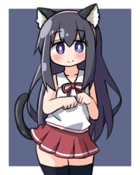 Rule 34 | 1girl, animal ear fluff, animal ears, bare shoulders, black hair, black thighhighs, blush, cat ears, cat girl, cat tail, closed mouth, collarbone, collared shirt, commentary request, fake animal ears, hair between eyes, hairband, hana kazari, highres, long hair, neck ribbon, paw pose, pink hairband, pleated skirt, purple background, purple eyes, red ribbon, red skirt, ribbon, shirosaki hana, shirt, skirt, sleeveless, sleeveless shirt, smile, solo, tail, thighhighs, two-tone background, very long hair, watashi ni tenshi ga maiorita!, white background, white shirt