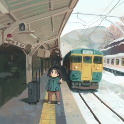 Rule 34 | 1girl, black sash, brown eyes, brown pants, child, closed mouth, commentary request, day, green jacket, jacket, long sleeves, looking at viewer, muji (uimss), original, outdoors, pants, railroad tracks, sash, shadow, snow, solo, standing, suitcase, train, train station platform, v