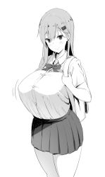 Rule 34 | 1girl, alternate breast size, backpack, bad id, bad pixiv id, bag, blush, bow, bowtie, breasts, greyscale, hair between eyes, hair ornament, hairclip, highres, huge breasts, kantai collection, long hair, mhs, monochrome, pleated skirt, shirt tucked in, simple background, skirt, smile, suzuya (kancolle), white background