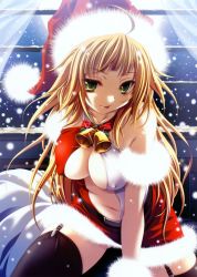 Rule 34 | 1girl, :p, ahoge, bag, bare shoulders, bell, breasts, brown hair, christmas, cleavage, covered erect nipples, female focus, green eyes, hat, highres, miyama-zero, naughty face, navel, no bra, santa costume, santa hat, smile, snow, solo, thighhighs, tongue, tongue out