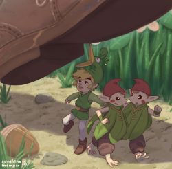 Rule 34 | 1boy, acorn, androgynous, blonde hair, boots, brown hair, brown pants, ezlo, facial mark, grass, green tunic, highres, khiuly, link, mini person, miniboy, minish, nintendo, pants, pebble, red headwear, sidelocks, size difference, surprised, the legend of zelda, the legend of zelda: the minish cap, white legwear