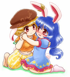 Rule 34 | 2girls, animal ears, barefoot, blonde hair, blue dress, blue hair, blush, bobby socks, breasts, cheek-to-cheek, chibi, crescent, crop top, dress, earclip, eye contact, flat cap, floppy ears, frilled skirt, frills, hand on another&#039;s back, hat, heads together, holding hands, interlocked fingers, kneeling, long hair, looking at another, low-tied long hair, midriff, multiple girls, navel, nitamago, nose blush, puffy shorts, rabbit ears, rabbit tail, red eyes, ringo (touhou), seiran (touhou), short hair, short sleeves, shorts, simple background, sitting, skirt, smile, socks, star (symbol), star print, sweat, tail, touhou, wariza, white background, yuri