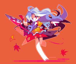 Rule 34 | 1girl, amakusa (hidorozoa), autumn leaves, bare legs, barefoot, blood, bloody weapon, breasts, detached sleeves, dress, full body, hair over one eye, hatchet, leaf, leg up, long hair, medium breasts, multicolored clothes, multicolored dress, nata (tool), orange background, pixel art, red eyes, sakata nemuno, silver hair, simple background, solo, touhou, very long hair, weapon