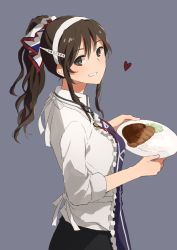 Rule 34 | 10s, 1girl, alternate hairstyle, apron, ashigara (kancolle), bad id, bad twitter id, brown eyes, brown hair, curry, food, grey background, grin, hairband, heart, holding, holding plate, kantai collection, kanu sadi, looking at viewer, plate, ponytail, simple background, smile, solo