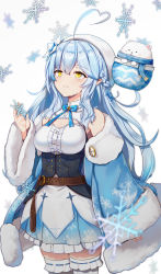 Rule 34 | 1girl, = =, ahoge, blue coat, blue hair, blush, blush stickers, braid, breasts, coat, commentary request, crying, crying with eyes open, daifuku (yukihana lamy), hair between eyes, half updo, heart, heart ahoge, highres, hololive, long hair, long sleeves, looking up, medium breasts, off shoulder, open clothes, open coat, parted lips, pointy ears, ribbon-trimmed legwear, ribbon trim, sleeves past wrists, smile, snowflakes, solo, tears, thighhighs, very long hair, virtual youtuber, white thighhighs, wide sleeves, yellow eyes, yukihana lamy, yuuzuki (re&#039;ef)