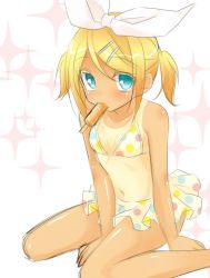 Rule 34 | 1girl, amane (amnk1213), aqua eyes, bikini, blonde hair, blue eyes, bow, breasts, food, food in mouth, frilled bikini, frills, hair bow, hair ornament, hairclip, kagamine rin, kneeling, looking at viewer, looking up, mouth hold, navel, one-piece tan, polka dot, polka dot bikini, popsicle, short hair, short twintails, sitting, sketch, small breasts, solo, sparkle background, swimsuit, tan, tanline, twintails, vocaloid, wariza